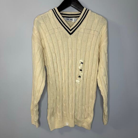 Cherokee Other - Cherokee Vintage Tennis V-Neck Cable Knit Sweater Cream Cotton Men's M